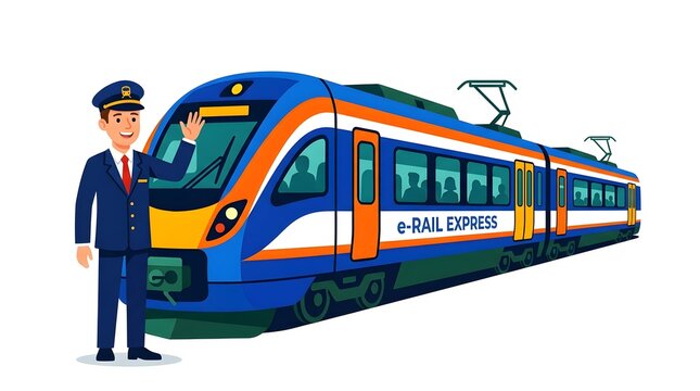 Modern electric express train with friendly conductor waving