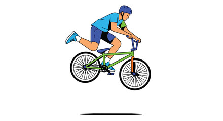 Obraz premium Professional BMX Biker Performing Extreme Air Stunt Jump on Green Bicycle Wearing Blue Safety Helmet