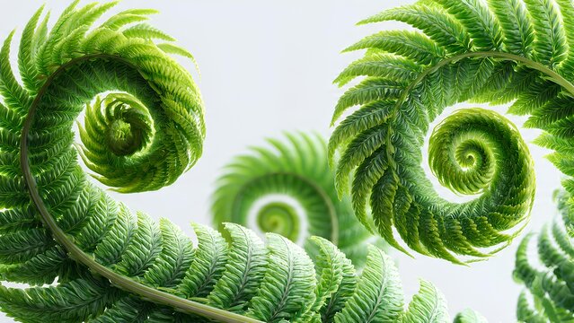 Close-up view of vibrant green fern fiddleheads unfurling in a natural spiral pattern against a light background.