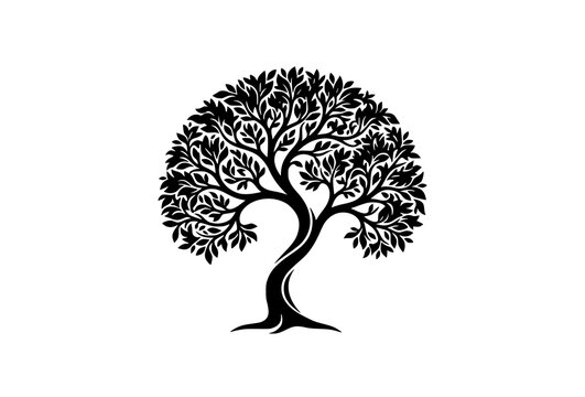 Elegant Black Stylized Tree Silhouette with Abundant Foliage Vector Illustration Isolated on White Background