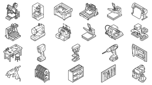 Isometric Workshop Equipment and Tools Icon Set
