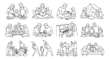 Obraz premium Minimalist family lifestyle line art icons, set of 12 black and white vector illustrations of parents and children doing indoor activities together