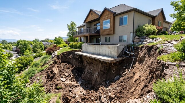 Severe soil erosion and landslide threatening suburban house foundation