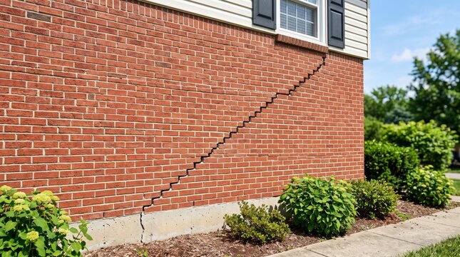 Severe stair-step crack in brick exterior of residential house