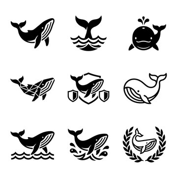 A set of various whale icons in different poses and designs are shown.