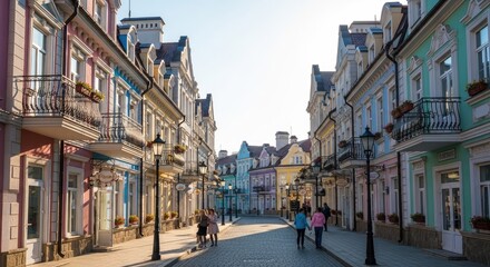 Fototapeta premium Colorful european street view with buildings and people walking
