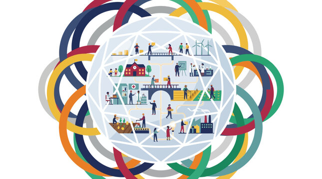 Geometric globe structure features tiny figures performing various professional tasks to symbolize global connectivity and economic cooperation.