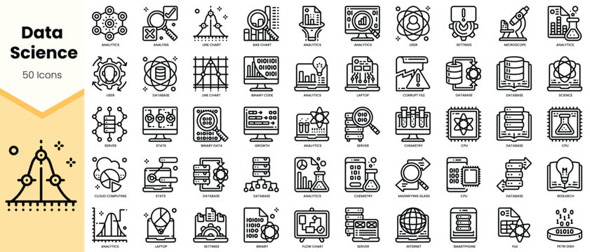 A collection of 50 icons representing data science concepts, featuring computers, graphs, and analytical tools.