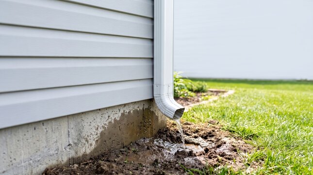 White downspout discharging rainwater onto residential house foundation