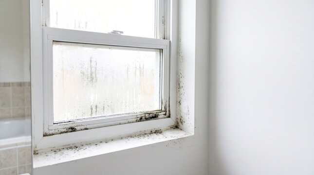 Black mold growing on white bathroom window frame and wall