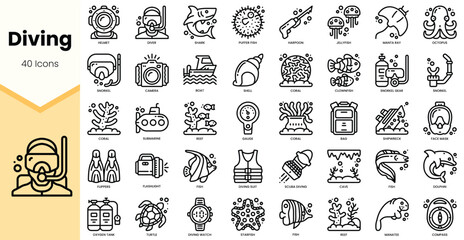 A collection of 40 illustrative icons related to diving, featuring essential gear and marine life. © TriMaker Pro
