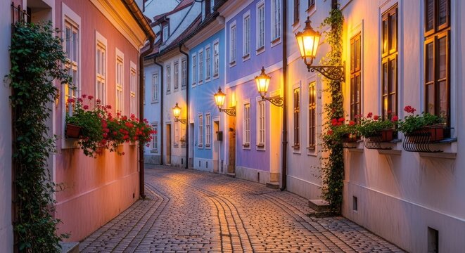 Colorful european street with lanterns and flower boxes at dusk