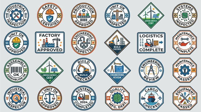 Collection of circular and diamond shaped badges displays various industrial inspection and quality control certifications.