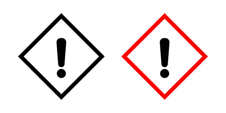 GHS exclamation mark warning sign set with irritant and harmful hazard symbol. Chemical safety labels for hazardous substances, laboratories and workplace safety