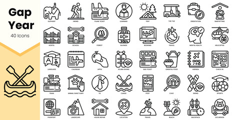 A collection of 40 line icons representing activities and elements related to a gap year, featuring travel, learning, and adventure. © TriMaker Pro
