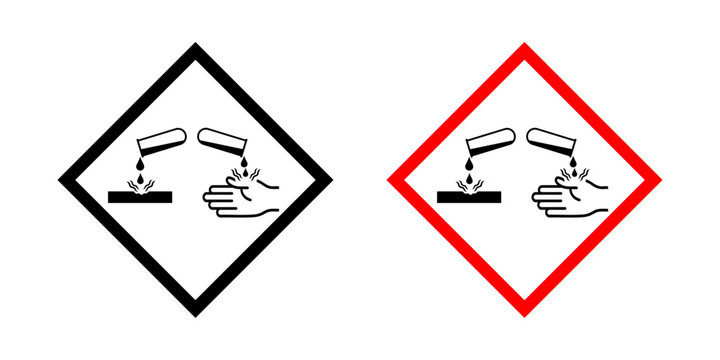 Corrosive hazard icon set with GHS chemical warning symbols. Chemical burn and metal corrosion safety icons in red and solid diamond square for industrial safety, laboratories and workplace compliance