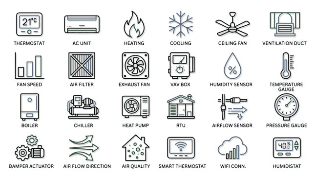 Comprehensive Hvac System Icons for Smart Building Energy Management and Climate Control