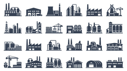 Obraz premium Industrial Factory Buildings and Production Plants Icon Set for Manufacturing Business Solutions