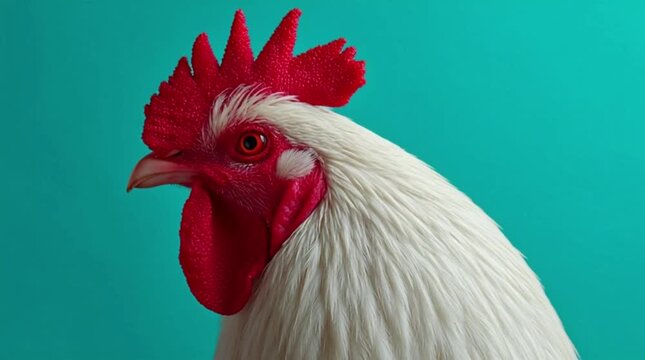 Close-up portrait of a majestic white rooster with a vibrant red comb and wattle on a teal background.