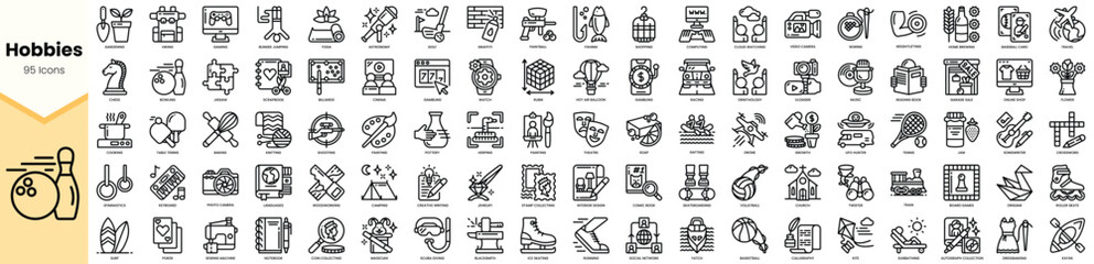 A collection of 60 unique hobby icons, featuring artistic, musical, and sporting activities in a minimalist design. © TriMaker Pro