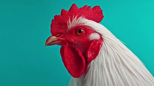 A close-up portrait of a vibrant rooster displaying its distinctive red comb and white feathers against a teal backdrop.