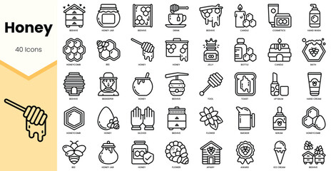 A collection of 40 line icons representing honey and related products, showcasing bees, jars, and beauty items. © TriMaker Pro