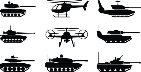 Military vehicle silhouettes featuring tanks, helicopter, and drone designs showing defense equipment, combat machines, and aerial technology in black icons © anisur-creatives