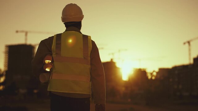 Modern architecture and construction, builder admiring buildings in sunset time. Contemporary technology and innovation in building process, real estate business, mortgage at construction stage