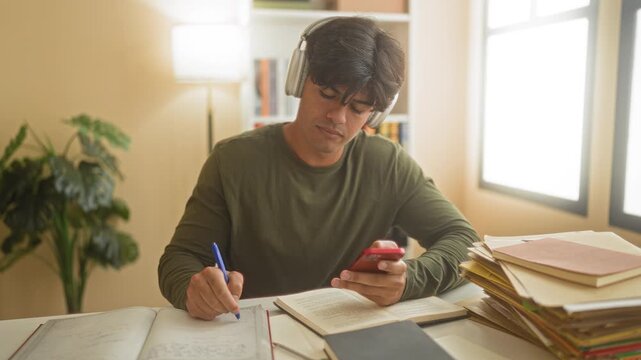 Young man writing with pen while holding smartphone and wearing headphones at a study desk in a studio, surrounded by books and folders; concentration.