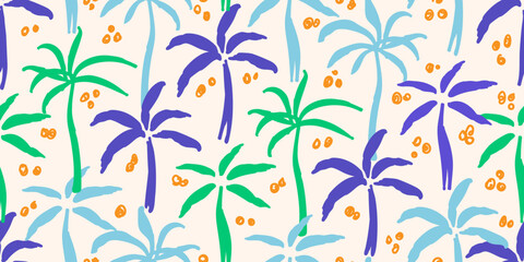 Fun tropical vector seamless pattern. Blue, green palm trees on a light background. For fabric prints, textiles, beachwear, and Hawaiian shirts. Summer seaside vacation. © MaxNadya