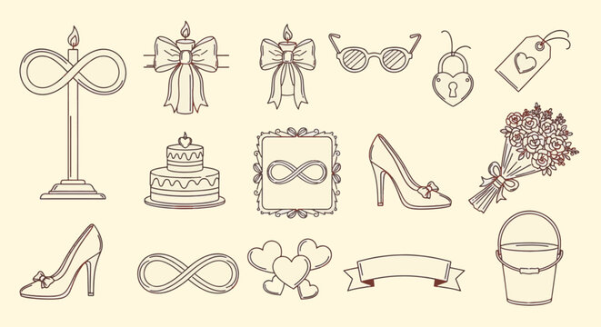 Wedding line art icon set including infinity candle, decorative bows, heart lock, gift tag, multi-tier cake, high heel shoes, bouquet, and banner on a plain background.