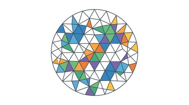 Circular mosaic globe composed of multicolored geometric triangles.