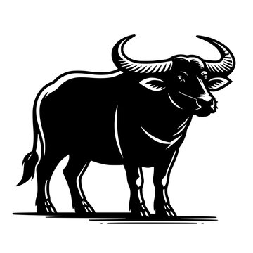 Black Water Buffalo Standing Silhouette Minimalist Line Art Illustration