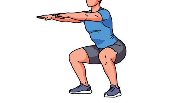 Young Man in Sportswear Performing Deep Bodyweight Squat Workout for Leg Strength and Fitness Illustration