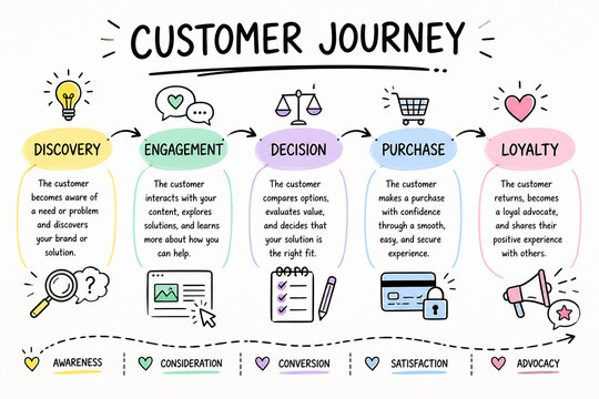 A diagram illustrates the customer journey stages: Discovery, Engagement, Decision, Purchase, and Loyalty.