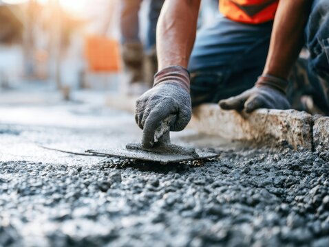 Professional construction worker wearing protective gloves uses a hand trowel to smoothly flatten fresh wet cement on a sidewalk road installation project during a bright sunny day outdoors close up