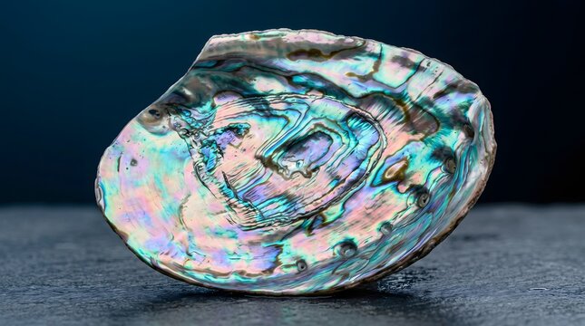 A beautiful iridescent abalone shell with vibrant pearlescent colors displayed