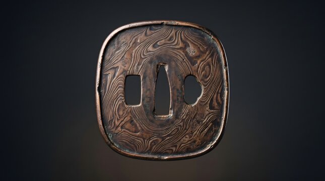 Antique japanese samurai sword tsuba hand guard with wood grain pattern
