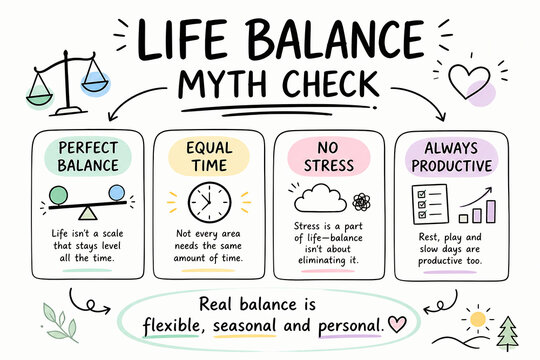 An infographic illustrates the concept of life balance, debunking myths and promoting a flexible, seasonal, and personal approach.