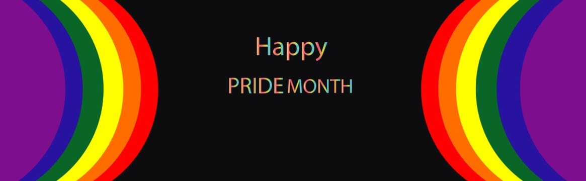 Rainbow Pride Month Celebration Banner with Colorful Half Circles on Black Background Featuring Design, Vector, Graphic