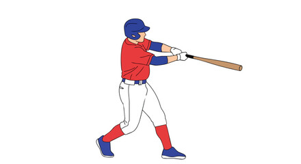 Fototapeta premium Athletic Baseball Batter Swinging a Bat in Red and Blue Uniform Isolated on White Background for Sports Design