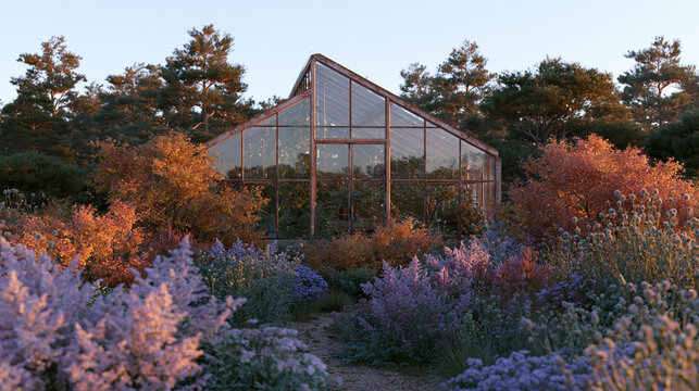 Beautiful garden with a large greenhouse in the center. the greenhouse is made of glass and has a triangular roof with a sloping roof.