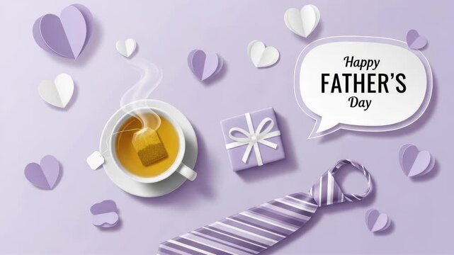 Father's day flat lay with steaming tea cup, striped tie, gift box and paper hearts in a soft purple paper craft composition.