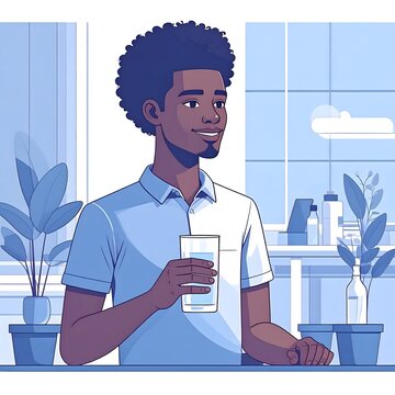 Young Black man holding a glass of water vector illustration