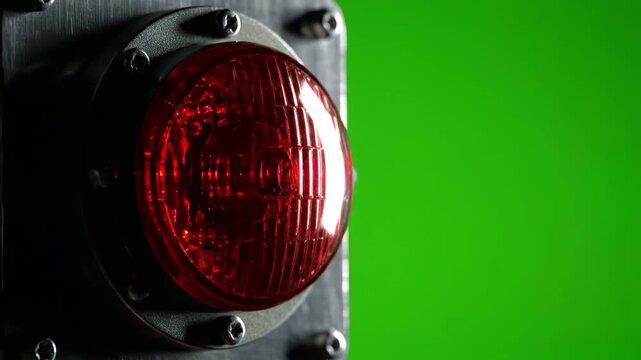 Closeup Warning red light indicating a malfunction against green screen background 