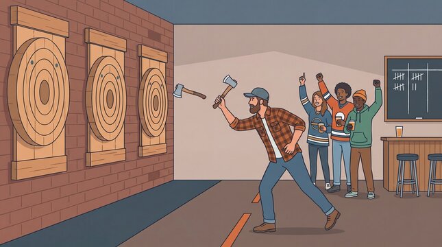 Man throwing axe at target in indoor axe throwing venue with cheering friends