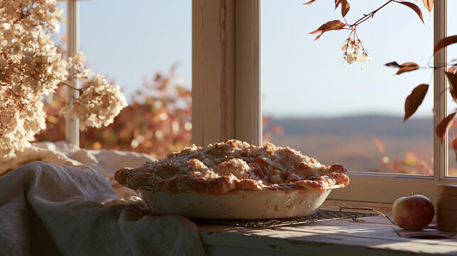 Freshly baked apple pie on a window sill. the pie is in a white ceramic pie dish and is placed on a wire cooling rack.
