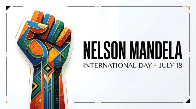 Nelson mandela international day poster with artistic colorful fist design on white background