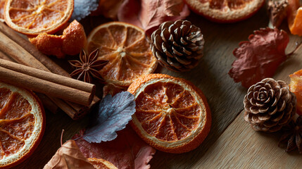 Fototapeta premium Close-up of a wooden surface with various dried fruits and spices scattered around. there are orange slices, cinnamon sticks, star anise, and pine cones.