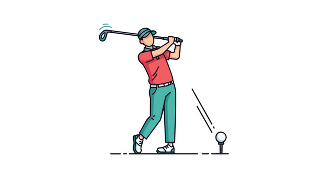 Professional Male Golfer Character Swinging Club and Hitting Ball from Tee Box Outdoor Sports Activity
